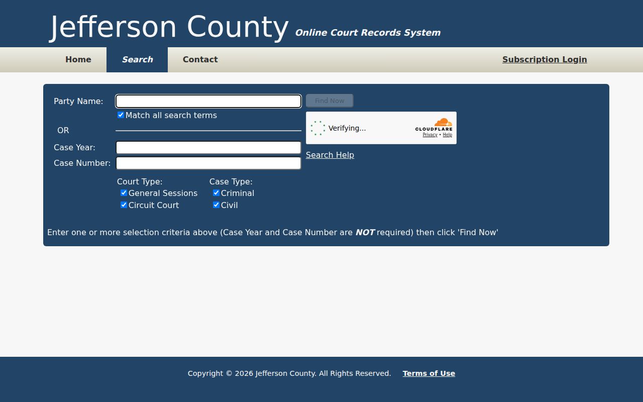 Jefferson County court docket search fields