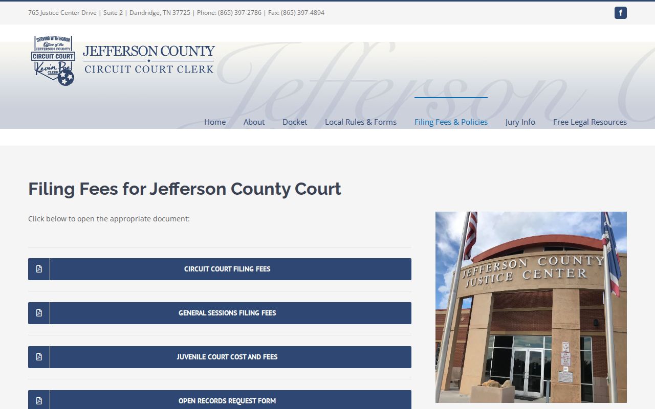 Jefferson County Circuit Court Clerk filing fees page