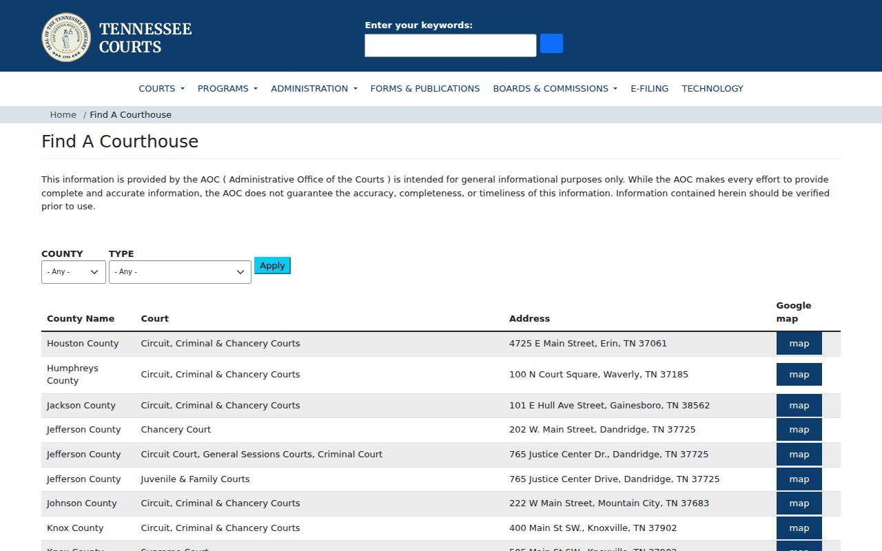 Tennessee courthouse directory showing Jefferson court locations