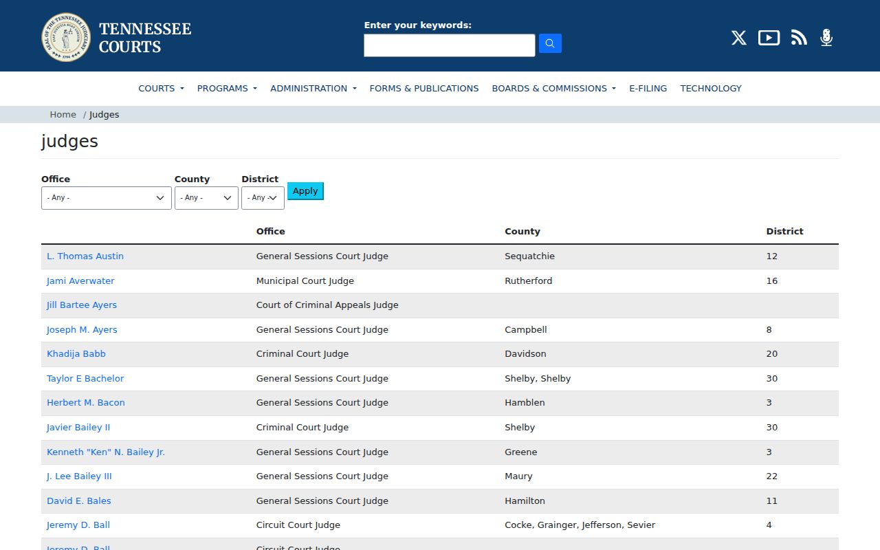 Judge directory for Jefferson County court records